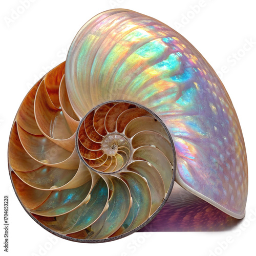 Stunning iridescent nautilus shell spiral showcasing nature's perfect geometry and vibrant pearlescent colors