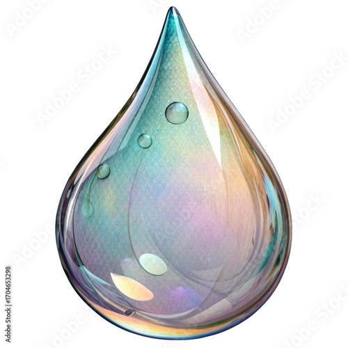 Stunning iridescent water drop with tiny bubbles reflecting vibrant colors, perfect for science, beauty, or purity themes
