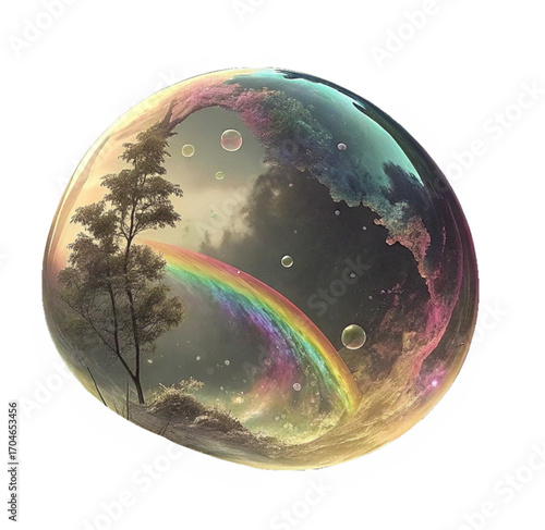 Whimsical bubble captures vibrant rainbow, ethereal landscape, and solitary tree, sparking wonder and imagination