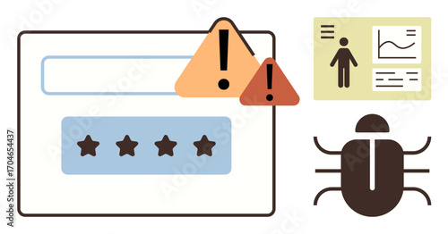 Login form with password input, error alerts, bug graphic, and analytics panel. Ideal for cybersecurity, vulnerability, software testing, data breach awareness, online safety error handling