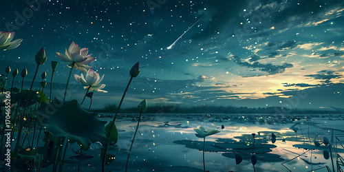Serene lotus flowers bloom under a starlit sky with a gentle meteor shower over a tranquil lake.