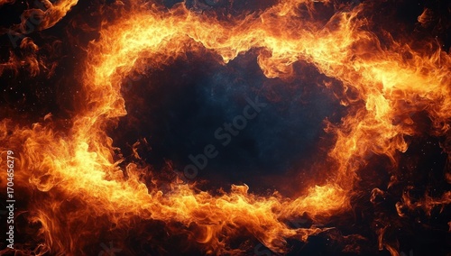 Bright orange and yellow flames forming a fiery ring with dark smoky center creating a dynamic and intense visual effect