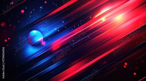 Abstract digital illustration featuring a glowing blue sphere amidst dynamic diagonal streaks of vibrant red and blue light with scattered luminous particles creating a futuristic atmosphere