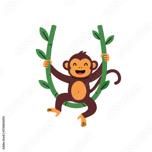 A playful monkey with a big smile swings happily on a jungle vine, rendered in a vibrant 2D flat vector illustration style with clean outlines on a crisp white background.