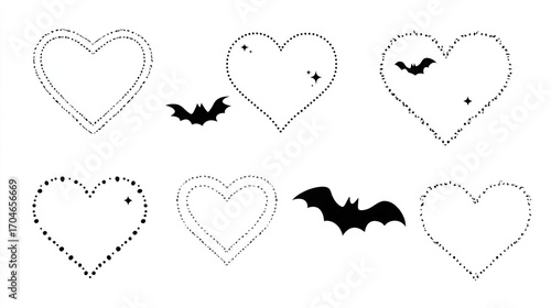 Set of six spooky halloween heart shapes with distressed textures and flying bat silhouettes on a white background