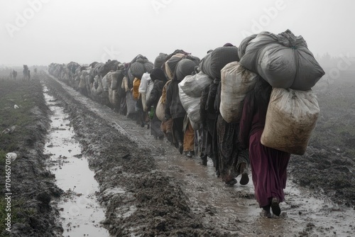 Long line of people carrying large bundles on their backs walking through a muddy, wet, and foggy rural path, evoking hardship and endurance