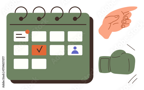 Green calendar featuring marked tasks, a hand pointing decisively, and a boxing glove symbolizing effort. Ideal for planning, scheduling, decision-making, striving, productivity, motivation