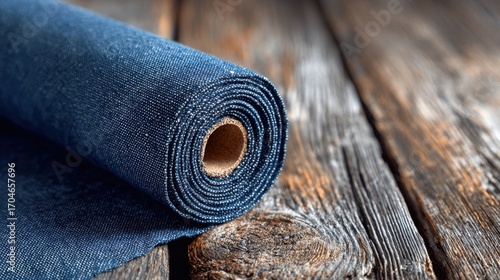 Blue Denim Fabric Roll on Rustic Wooden Surface for Textile and Fashion Design