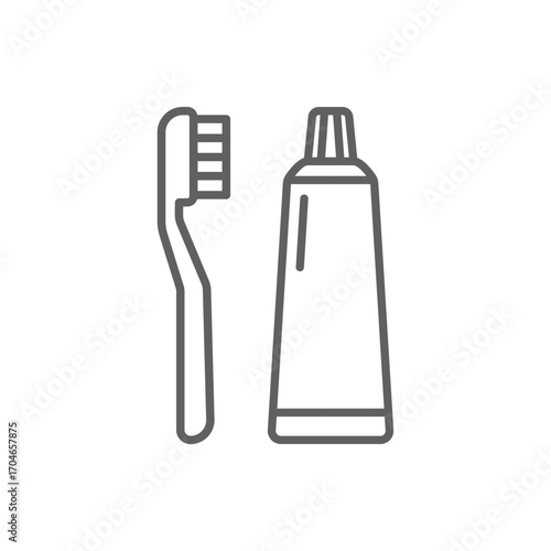 Toothbrush and toothpaste icon. Simple outline style. Toiletries, brush, tooth, paste, hygiene, oral, health, bathroom, dentist care concept. Thin line symbol. Isolated design editable stroke.