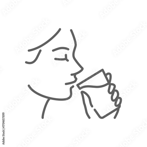 Woman drinking a glass of water icon. Simple outline style. Drink, mouth, face, person, girl, people, hand, skin, thirst, perfect, thirsty concept. Thin line symbol. Isolated design editable stroke.