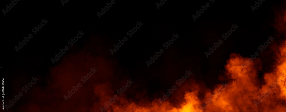 Obraz premium Panoramic view fire smoke, fog on isolated black background, creating a mysterious and backdrop, creating a dreamy, atmospheric effect for artistic