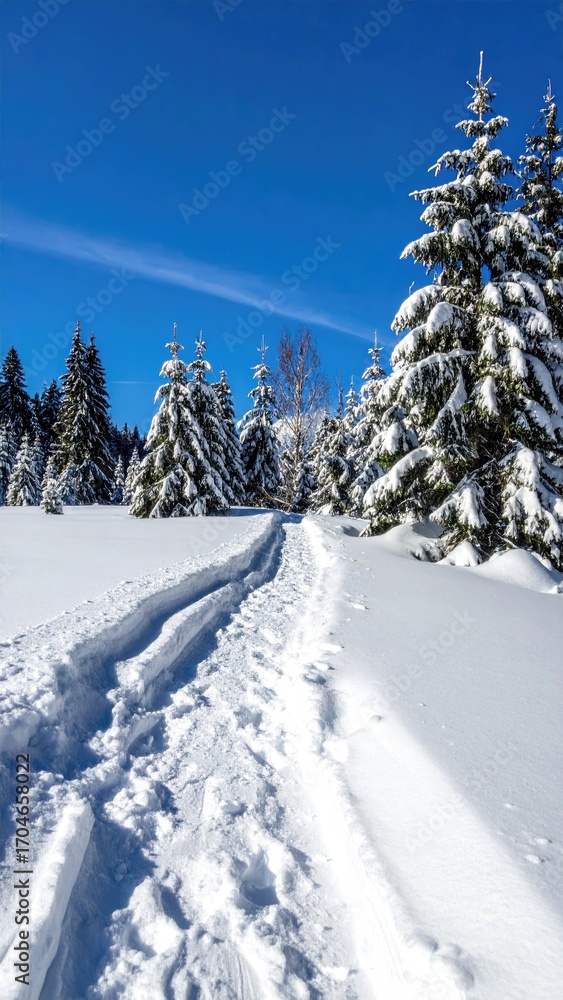 Obraz premium Snowy path winding through a forest