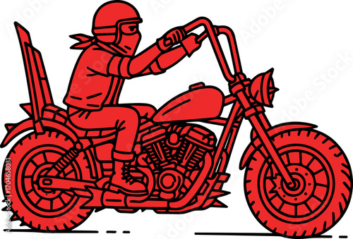 Illustration of a rider on a custom motorcycle with tall handlebars and a rugged design, drawn in bold red and black.
