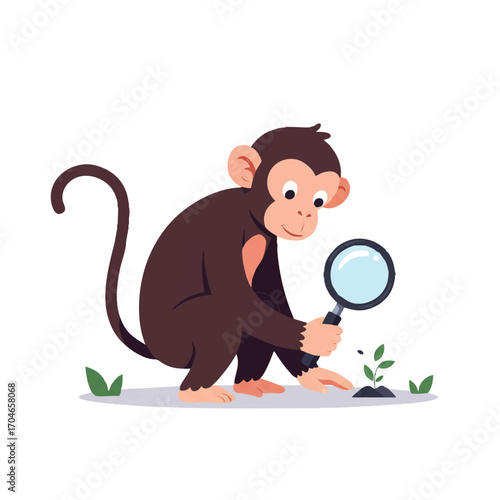 Clever monkey exploring a small object with a magnifying glass in a vibrant 2D flat vector illustration featuring simplified style, clean outlines, and a pure white background.