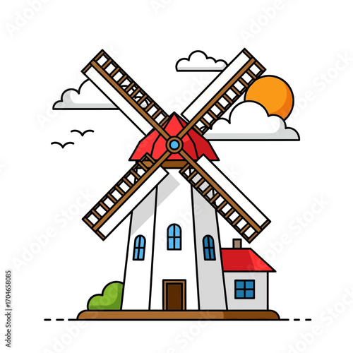 Classic Dutch windmill vector illustration in a flat, outlined design, set in a simple landscape with sun and clouds
