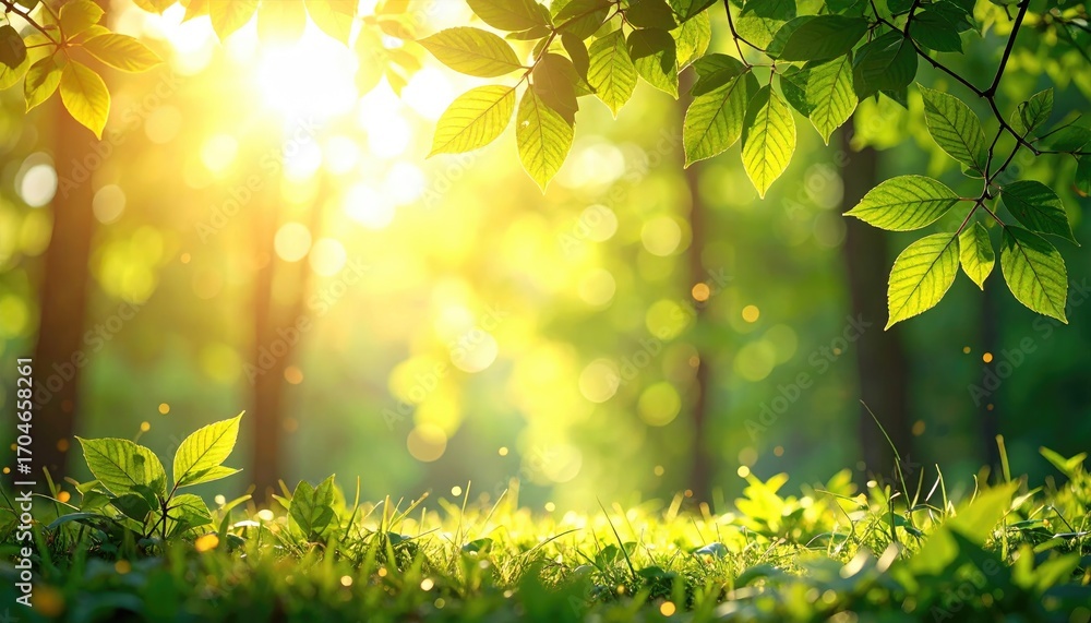 Obraz premium Sunlight filters through lush foliage. Verdant forest floor bathed in morning light