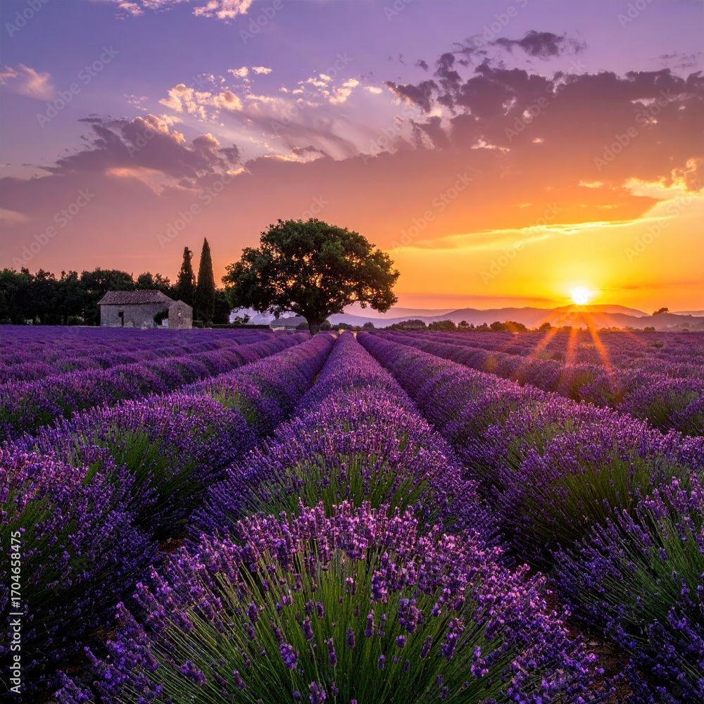 Fototapeta premium Lavender fields at sunrise, a picturesque landscape