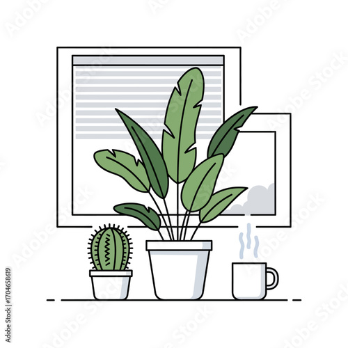 Simple line drawing of a peaceful windowsill garden with a hot mug for a relaxing break
