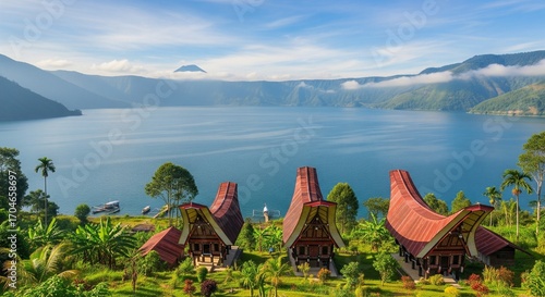Picturesque Lake Toba Scenery with Traditional Batak Houses, Lush Greenery, and Rolling Hills. Perfect for travel brochures and cultural promotion.
