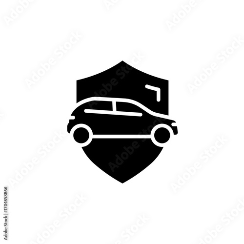Shield and car icon. Simple glyph style. Safety, protect, safe, secure, vehicle, auto, transport, insurance concept. Silhouette, solid symbol. Isolated design.