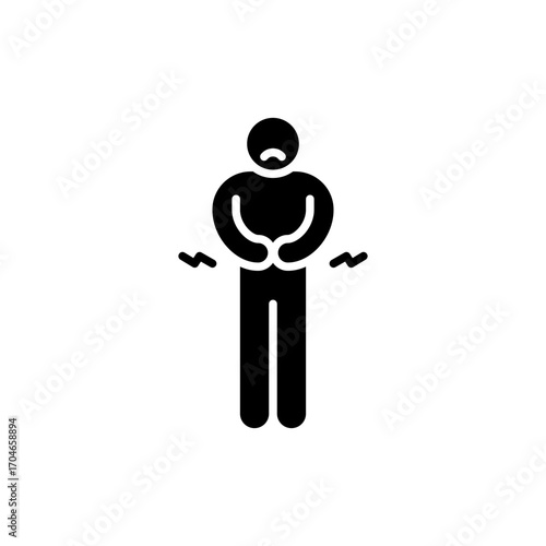 Hungry man icon. Simple glyph style. Poor man, hunger, stomach, pain, holding, person, abdominal, adult, constipation, ache, sad people concept. Silhouette, solid symbol. Isolated design.
