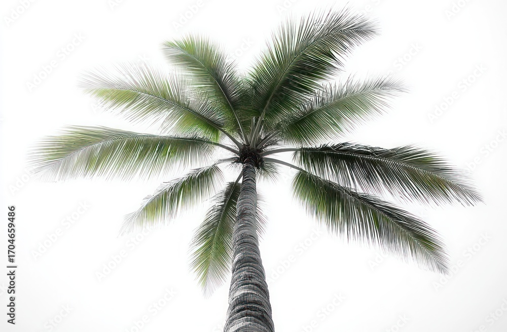 Obraz premium Tall palm tree with long green fronds spreading outward against a bright white sky, evoking a calm and tropical atmosphere