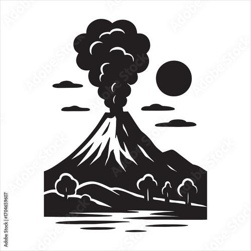 Volcanic Eruption Landscape with Trees Sun and Clouds Silhouette Graphic Vector Illustration Black and White Design for Print or Digital Art