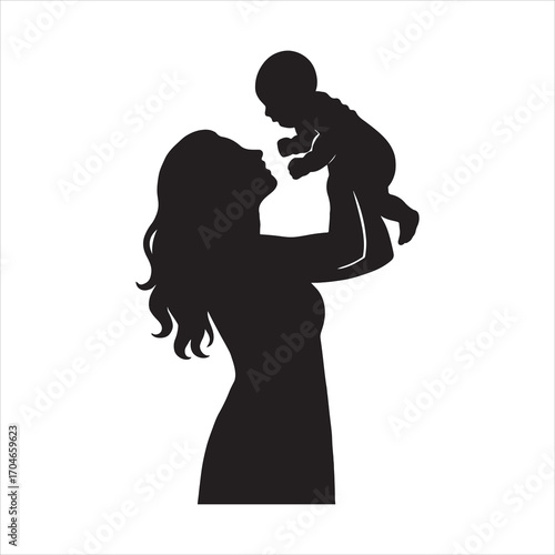 Silhouette of a mother holding her baby high in the air symbolizing love and connection between family members representing motherhood and childcare moments