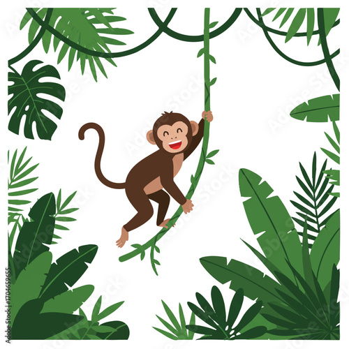A vibrant 2D vector illustration depicts a playful monkey happily swinging from a sturdy vine with its tail curled in a tropical jungle scene, set against a clean white background.