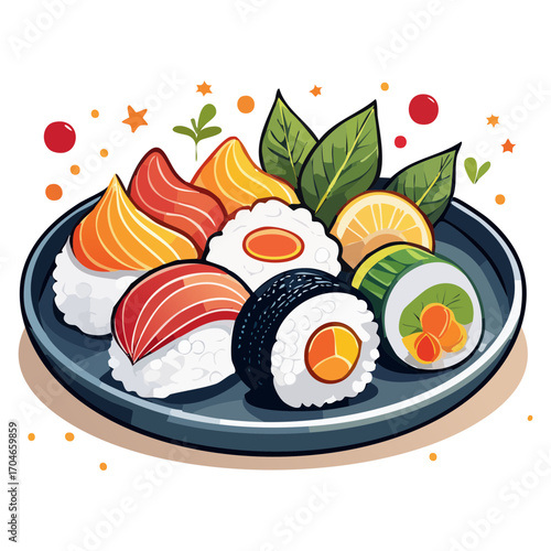Vibrant Assortment of Fresh Sushi and Rolls on a Dark Plate, Garnished with Greens and Lemon Slice