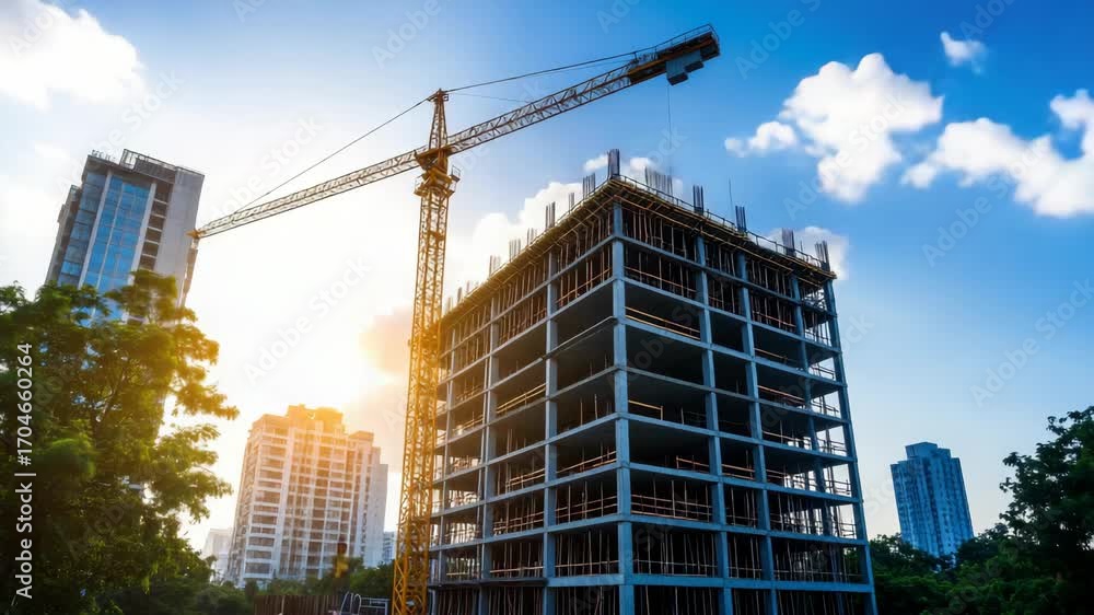 Crane lifting materials to build new structure in city against vibrant blue sky and sunlight on a clear day