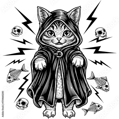 Mysterious Cat Wizard Surrounded by Skulls and Lightning Bolts, a Whimsical and Enchanting Illustration
