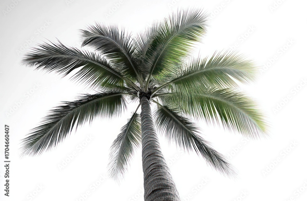 Obraz premium Tall palm tree with green fronds against a bright white sky, evoking a calm tropical atmosphere