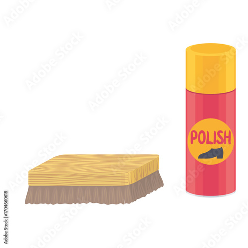 Essential footwear care kit with shoe polish spray and a cleaning brush isolated on a white background
