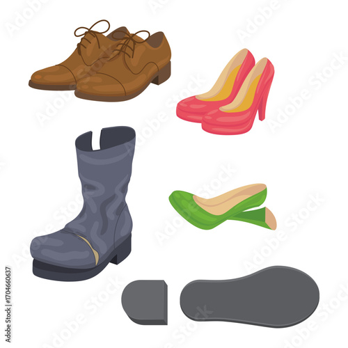 Assortment of stylish men's and women's footwear illustrations with boots and high heels