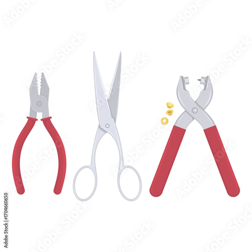 Set of Crafting Tools Pliers, Scissors, and Hole Puncher on a White Background
