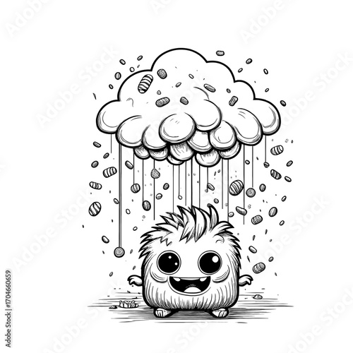 Charming black and white line art depicts an adorable, fluffy creature with big eyes, beaming with happiness as it stands beneath a whimsical cloud raining down delightful, abstract treats