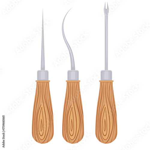 Set of essential manual crafting tools featuring natural wooden handles for artisan projects