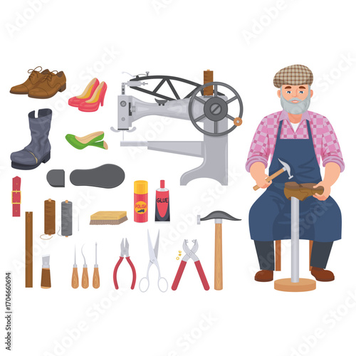 Shoemaker profession concept with cobbler character and repair tools set