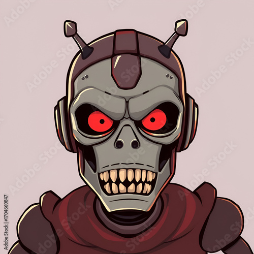 Emotional wicked robot head in cartoon style. robot evil