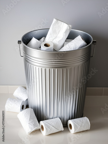 Almost depleted toilet roll discarded in a silver trash can filled with numerous tissues. An indication of a problem.