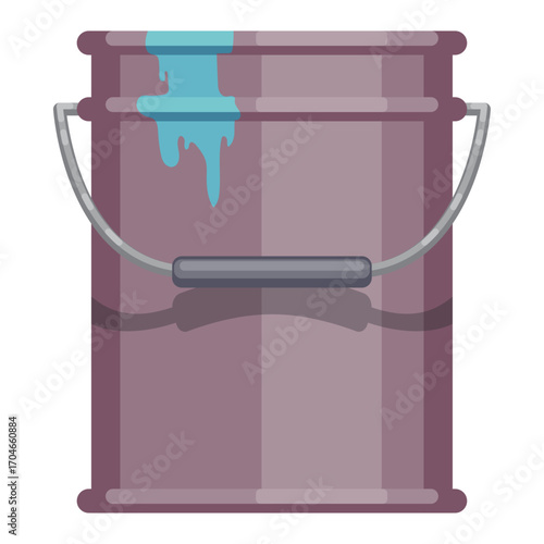 Paint can with blue paint dripping from the top and a handle