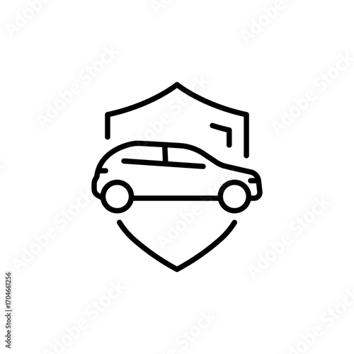 Shield and car icon. Simple outline style. Safety, protect, safe, secure, vehicle, auto, transport, insurance concept. Thin line symbol. Isolated design.
