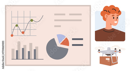 Analytical charts displaying metrics and trends, a person s portrait symbolizing teamwork, and a delivery quadcopter. Ideal for business, innovation, technology, marketing, teamwork, logistics simple