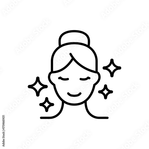 Aesthetic cosmetology icon. Simple outline style. Shiny skin, anti age skin care, happy woman, plastic surgery clinic concept. Thin line symbol. Isolated design.
