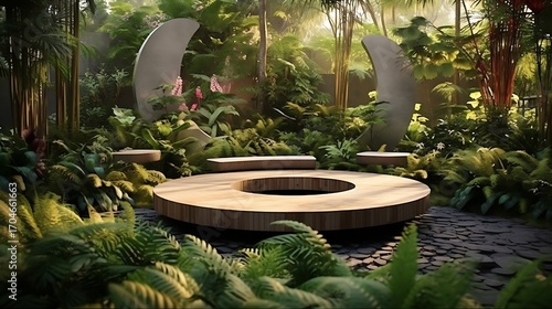 Enchanting botanical hideaway with tranquil seating area surrounded by lush greenery and artistic