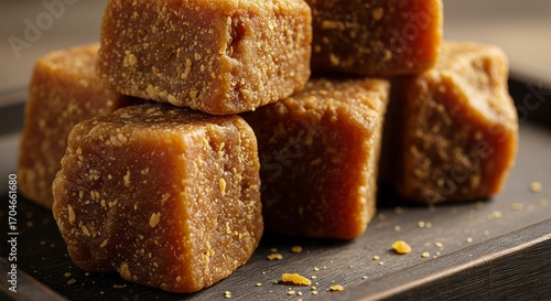 Stack of rustic jaggery cubes on a dark wooden tray, a natural sweetener.