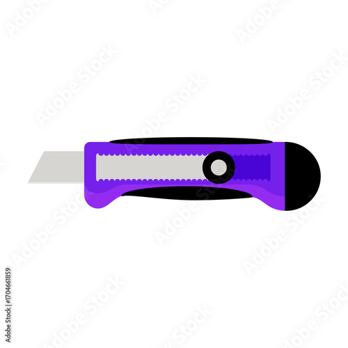 Sharp utility knife with purple body and retractable blade on white background