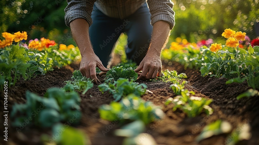 Fototapeta premium Person tending to green leafy plants in a garden bed surrounded by bright yellow flowers in warm natural sunlight
