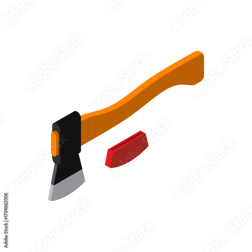Isometric Axe With Orange Wooden Handle and Red Blade Cover, Tool Vector